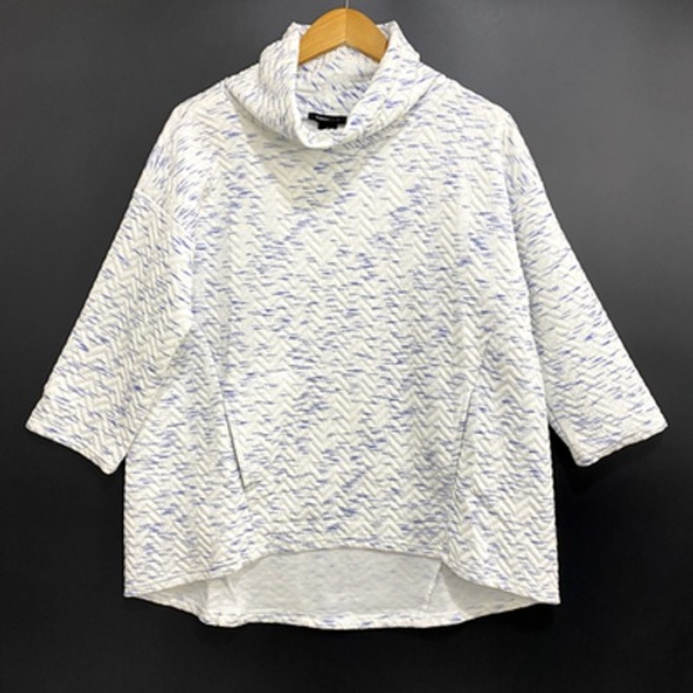 Robert Louis Women's Knit Sweatshirt Medium White Blue Cowl Neck Hi-Low Pullover